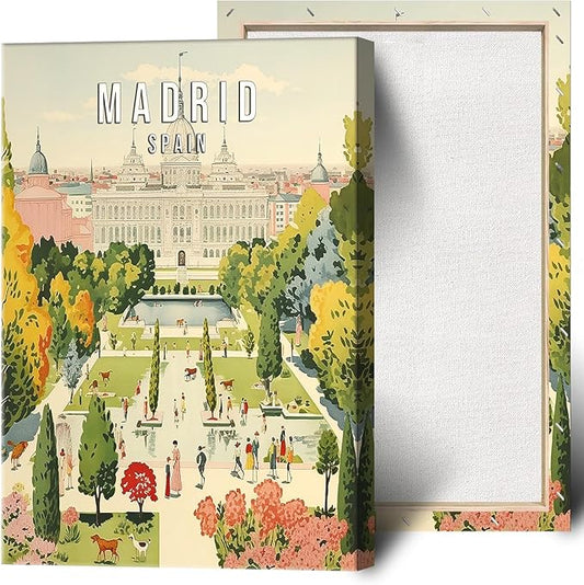 Viokalt Vintage Madrid Scenery Wall Art Funky Spain City Landscape Canvas Posters Funky European Royal Palace Building Travel Prints Painting For Living Room Bedroom Wall Decor 12x16in Framed