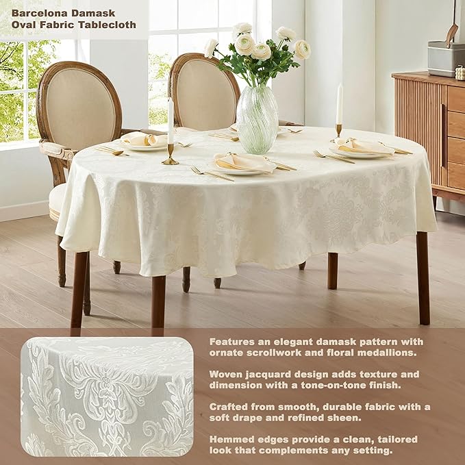 Newbridge Barcelona Luxury Damask Fabric Tablecloth, 60” Wide x 84” Oval, Antique White, 100% Polyester, No Iron, Soil Resistant Dining Room, Party and Banquet Table Cover