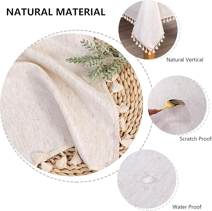 MYSKY HOME Table Cloth 60 in Round Cotton Tablecloth, Heavy Duty Linen Look Waterproof Tablecloths Farmhouse Tablecloth, Soft and Wrinkle Free Table Cover with Beige Tassels for Kitchen Dining, Party
