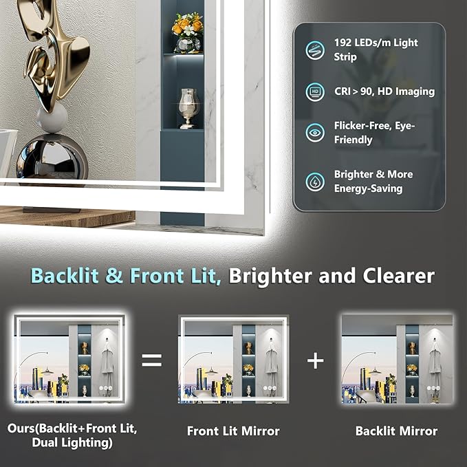 20x28 LED Bathroom Mirror with Lights, Backlit & Front Lit, Anti-Fog Lighted Vanity Mirror for Bathroom Wall, 3 Colors, Dimmable, Memory, HD Tempered Glass, Shatter-Proof, Horizontal/Vertical
