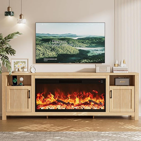 71" Fireplace TV Stand with 38" Electric Fireplace for Television up to 80”, Entertainment Center, Media Console, Fire Place Mantel with Storage Cabinet for Living Room, Bedroom, Farmhouse
