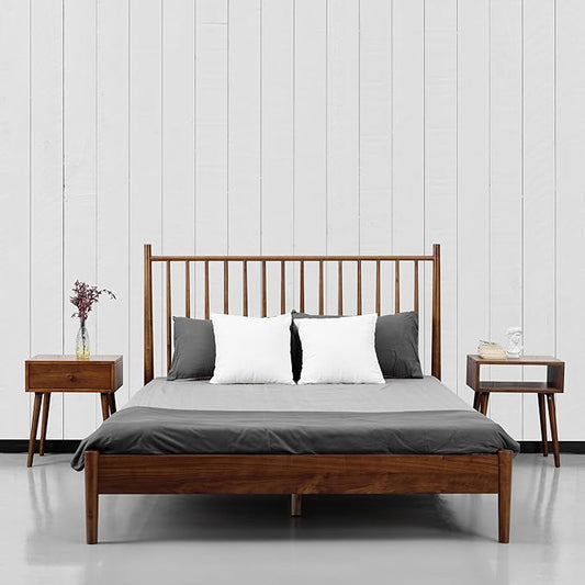 NTC Inno Wooden Bed Frame with Headboard, Solid Oak and Rubber Wood Foundation with Silent Slats and Wood Central Supports, 1000 Lb Capacity, Effortless Assembly, Queen - Dark Walnut