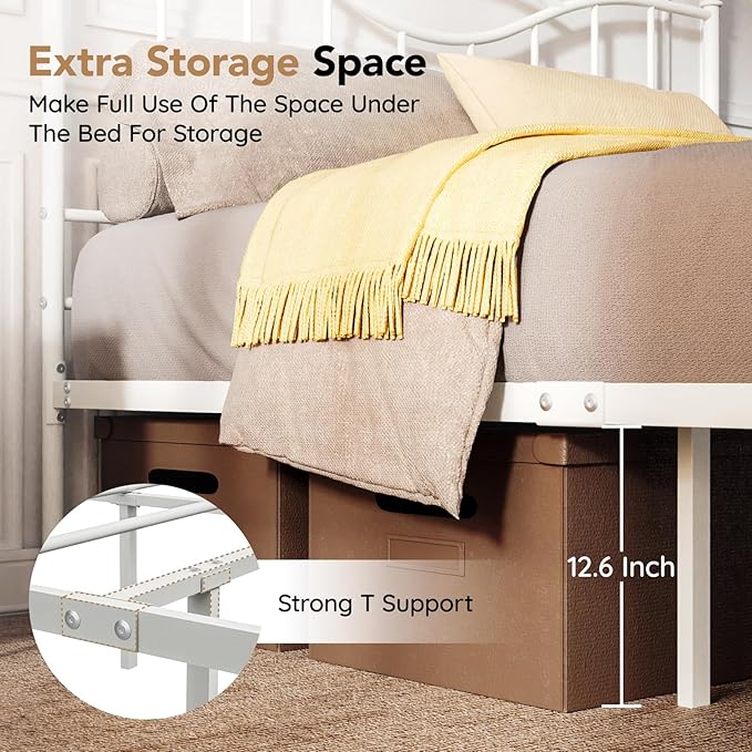 Full Size Bed Frame with Headboard, 14 Inch Tall Metal Platform Bed Frame Mattress Foundation with Footboard, Under Bed Storage, Strong Metal Slats Support, No Box Spring Needed, White