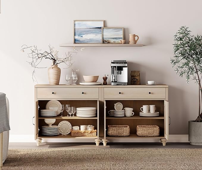 WAMPAT Farmhouse TV Stand for 75 inch TV with 4 Doors and 2 Drawers, Wood Universal TV Stand with Storage Cabinets, Light Oak Entertainment Center TV Console Table for Living Room, Bedroom