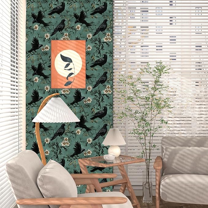 Crow Peel and Stick Wallpaper 17.4" x 394" Gothic Contact Paper Witchy Self Adhesive Removable Covering for Bedroom Bathroom Cabinet Drawer Halloween Vintage Raven Wall Decor Dark Grey Green