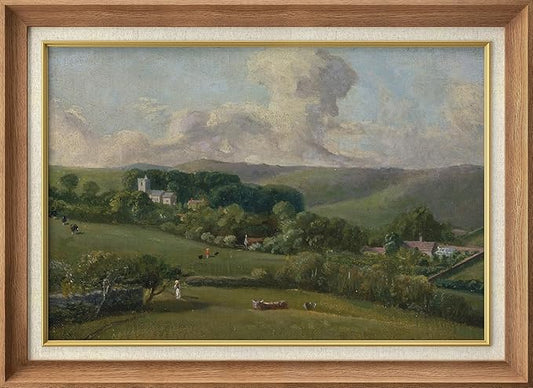 SIGNFORD Premium Framed Wall Art Serene Countryside with Church Nature Wilderness Illustrations Fine Art Farmhouse/Country Decorative Rustic Vintage Antique Classic for Bedroom - 26"x36" Natural