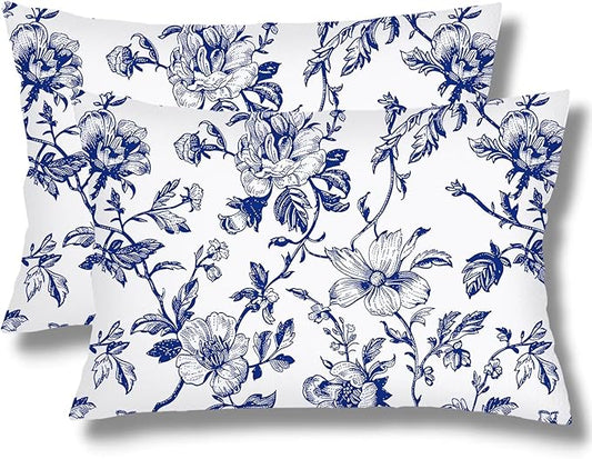 Blue and White Porcelain Floral Pillow Cover Queen Size Set of 2 Vintage Flowers Lumbar Pillow Case Standard Pillowcase with Zipper Chinoiserie Decorative Pillows Covers for Bedroom,Couch,20"x30"