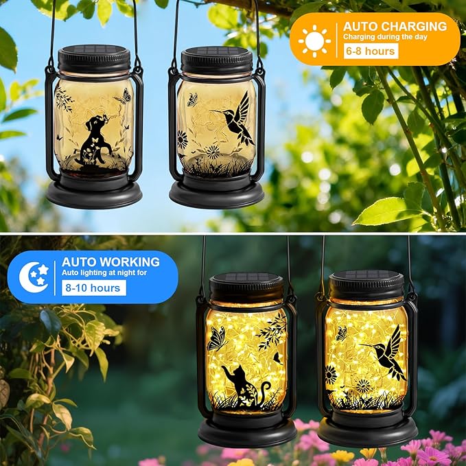 2 Pack Hummingbird Solar Lanterns Outdoor Waterproof -Gifts for Women Mom Grandma Birthday, Mothers Day, Chrisrmas,Mason Jar Hanging Lights for Patio, Yard, Porch, Balcony, Durable Garden Decor