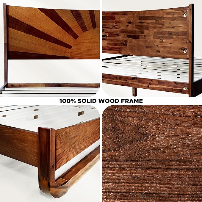 Sunset Deluxe Solid Acacia Wood King Size Platform Bed Frame with Tall Headboard, Mid-Century & Art Deco Design, No Box Spring Needed, Strong Wood Slat Support, Easy Assembly, Walnut