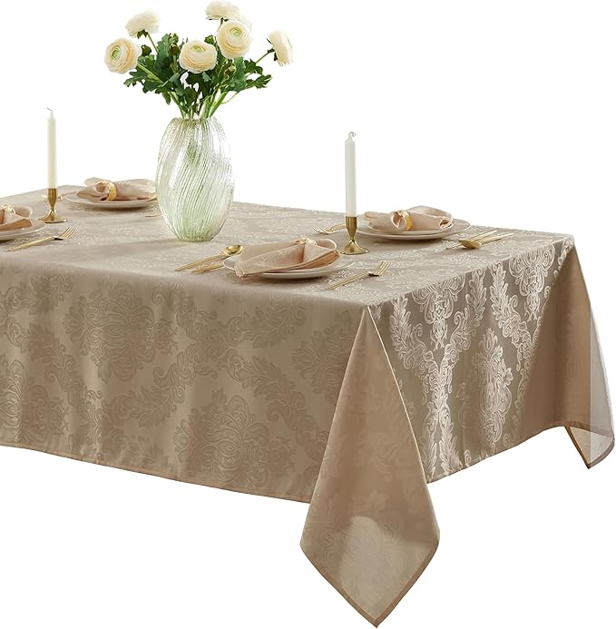 Newbridge Barcelona Luxury Damask Fabric Tablecloth, 60” Wide x 102” Rectangle, Golden Beige, 100% Polyester, No Iron, Soil Resistant Dining Room, Party and Banquet Table Cover