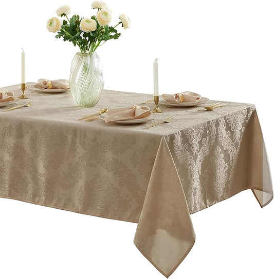Newbridge Barcelona Luxury Damask Fabric Tablecloth, 70” x 70”, Square, Golden Beige, 100% Polyester, No Iron, Soil Resistant Dining Room, Party and Banquet Table Cover