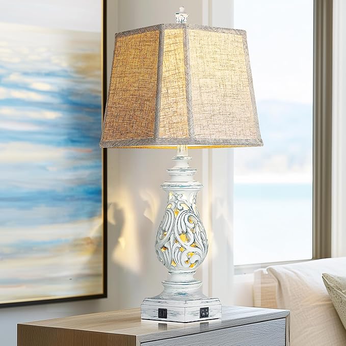 PARTPHONER 29" Table Lamps Set of 2, Bedside Lamps with USB A+C Ports & Night Light, Farmhouse Nightstand Lamps with Linen Fabric Shades for Bedroom Living Room, Washed Blue (LED Bulbs Included)