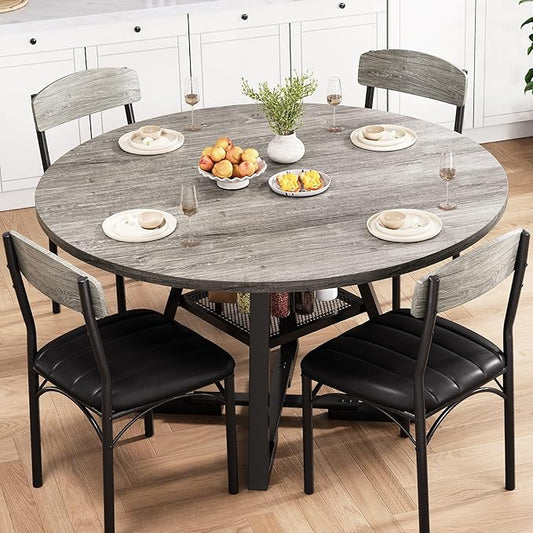 Round Dining Table Set for 4, Kitchen Table and Chairs for 4, Circle Table Round Pedestal Dining Room Dinner Dinette Table Set,5 Piece Space Saving Wood Kitchen & Dining Room Tables (Grey, 42In)
