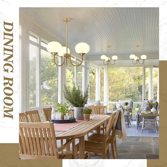 BOKT Mid Century Modern Globe Sputnik Chandelier Vintage 3 Light Milk Glass Pendant Light Large White and Gold Ball Chandelier Light Brushed Brass Sputnik Hanging Light Fixture for Bedroom