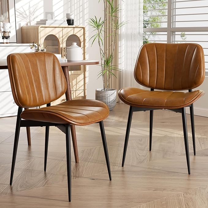 Dining Chairs Set of 8, Mid Century Modern Dining Room Chair, Upholstered Faux Leather Kitchen Chairs with Walnut Bentwood Back and Metal Legs for Kitchen Dining Room Living Room, Brown