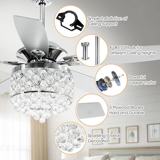 Parrot Uncle Ceiling Fans with Lights and Remote 52 Inch Modern Chandelier Ceiling Fan with Light for Bedroom 52 Inch Outdoor Ceiling Fans for Covered Patios with Light, Polished Chrome