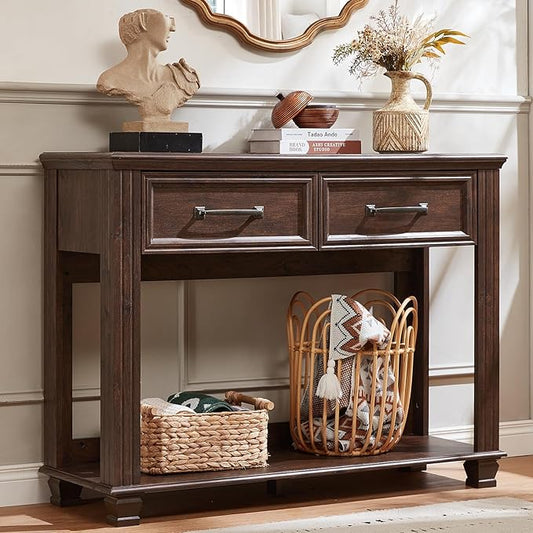 Farmhouse 46" Console Table with 2 Drawers, Rustic Wood 2 Tier Entryway Table with Open Storage Shelf for Entry, Large Mid-Century Vintage Sofa Tables Behind Couch for Living Room, Walnut