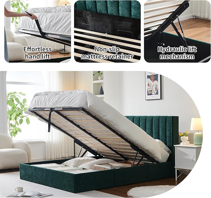 YUHUASHI Queen Size Hydraulic Storage Bed, Upholstered Platform Bed Frame, Modern Wingback Design Headboard, Velvet Fabric with Hydraulic Support Bars, No Box Spring Required (Ink Green, Full)