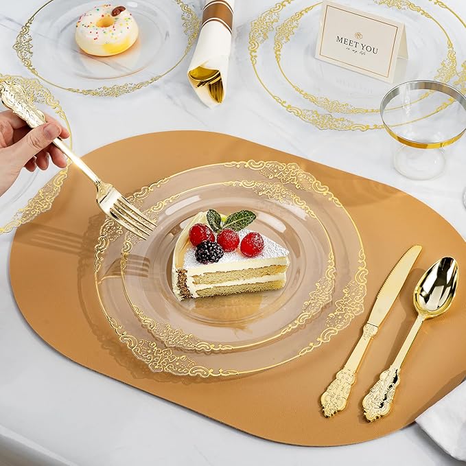 350PCS Clear Plastic Plates for 50 Guests, =Disposable Dinnerware Sets Include 50 Gold Rim Plastic Plates, 25 Silverwares, 25 Cups, and 25 Pre Rolled Napkins for Party, Wedding and Graduation