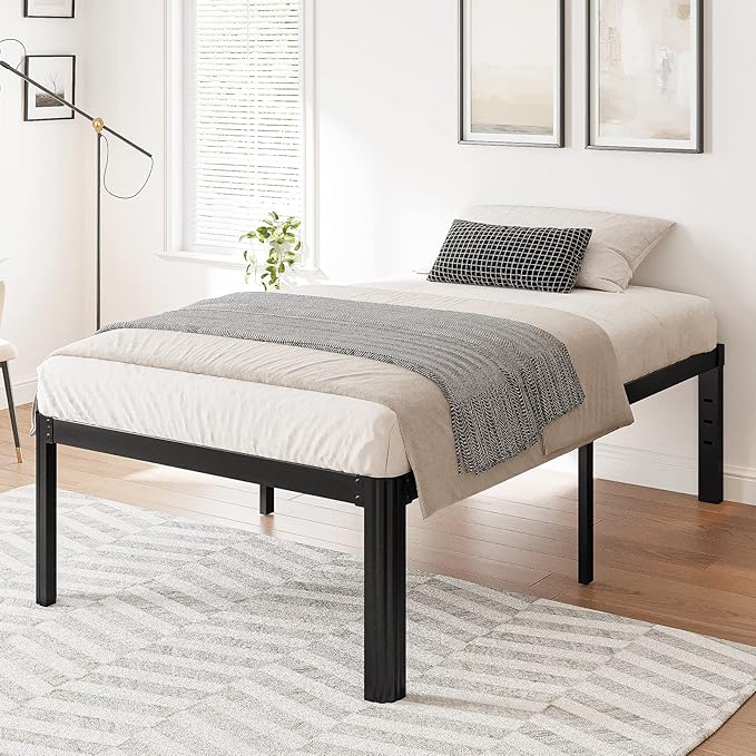 Hunlostten 18in Heavy Duty Twin Bed Frame No Box Spring Needed, Metal Platform Bed Frame Twin with Round Corners, Easy Assembly, Noise Free, Black