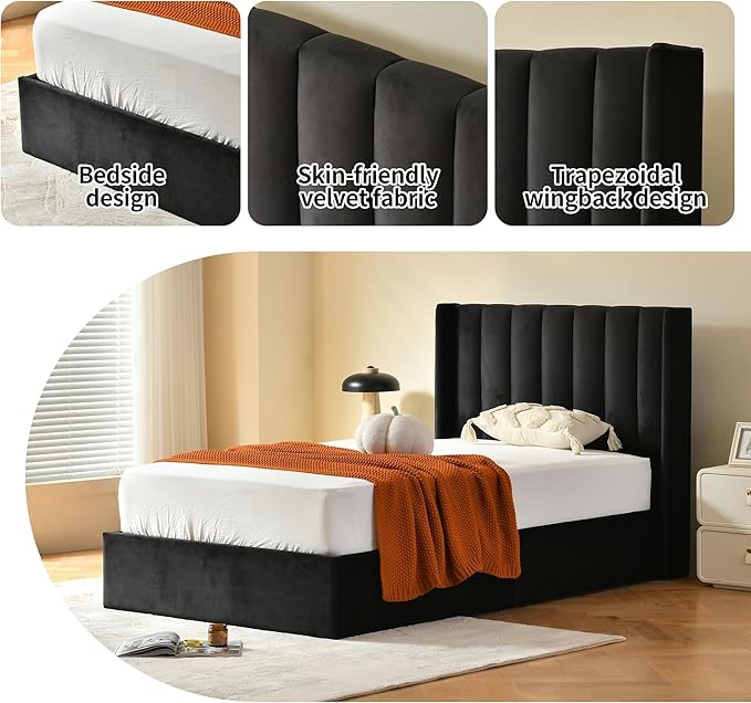 YUHUASHI Queen Size Hydraulic Storage Bed, Upholstered Platform Bed Frame, Modern Wingback Design Headboard, Velvet Fabric with Hydraulic Support Bars, No Box Spring Required (Black, Twin)