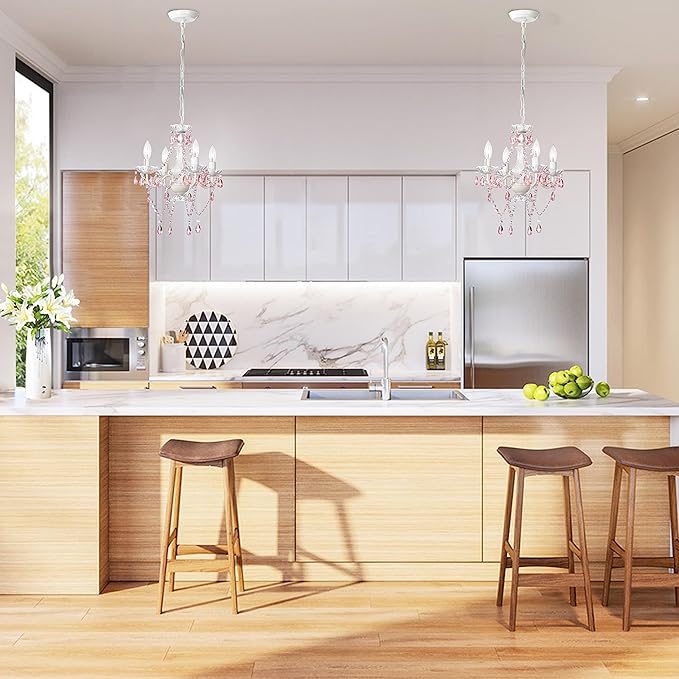 LaLuLa Pink Chandelier White Chandeliers Lighting with Acrylic Crystals Mini 4 Lights Pendant Light for Bedroom and Girls Room