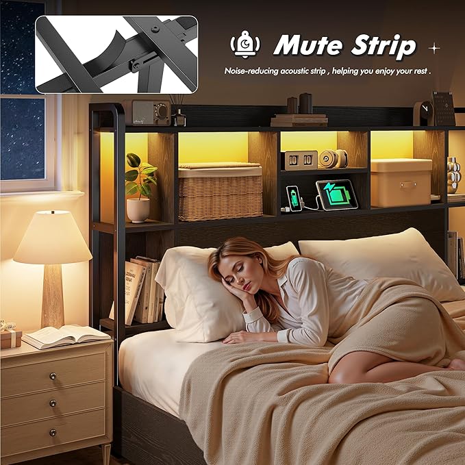 Full Size Bed Frame with Storage Headboard & 4 Large Drawers Bed Frame Full Size with 51" Tall Headboard 9 Compartments Led Lights & Charging Station,No Box Spring Needed, No Noise,Black