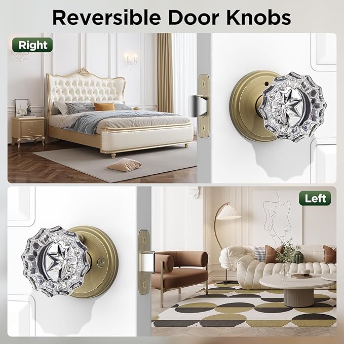 1 Pack Crystal Door Knob, Rosette Shaped Glass Door Knobs Interior with Lock, Antique Brass Door Knobs Interior Glass