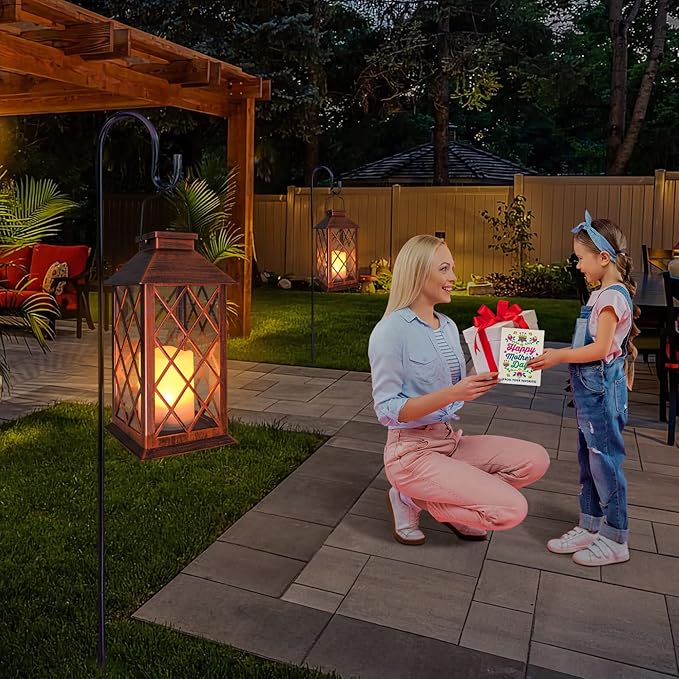[2 Pack] TAKE ME 14" Solar Lantern Outdoor Garden Hanging Lantern Waterproof LED Flickering Flameless Candle Mission Lights for Table,Outdoor,Christmas Gifts Mom Wife