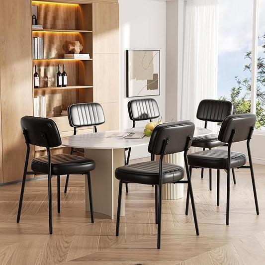 Dining Chairs Set of 6, Modern Faux Leather Dining Chairs with Thick Cushions Seat Back and Metal Legs, Comfy Upholstered Kitchen Chairs for Dining Living Room (Black)