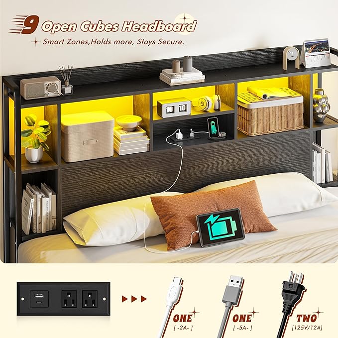 Queen Bed Frame with Storage Headboard & 4 Large Drawers Bed Frame Queen Size with 51" Tall Headboard 9 Compartments Led Lights & Charging Station,No Box Spring Needed, No Noise,Black