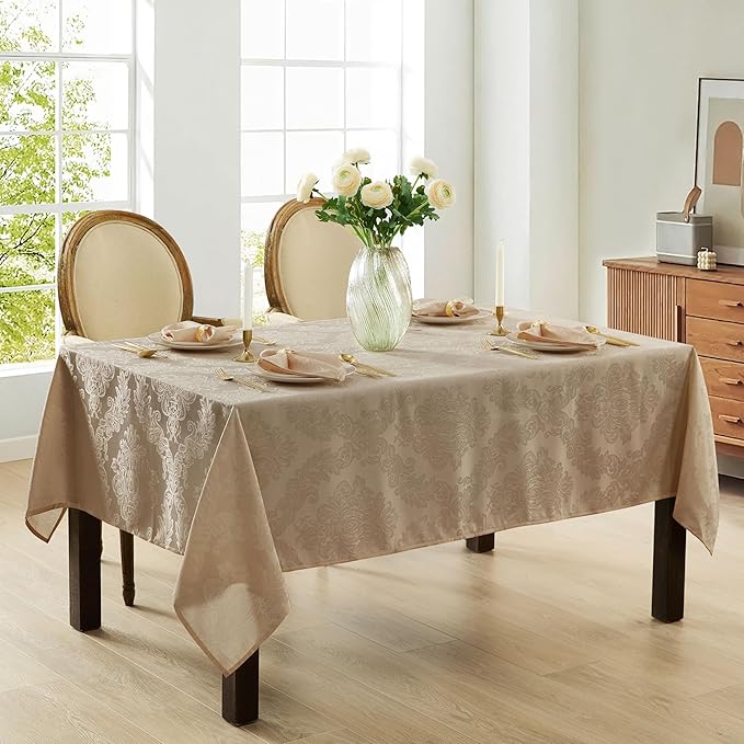 Newbridge Barcelona Luxury Damask Fabric Tablecloth, 70” Extra Wide x 126” Rectangle, Golden Beige, 100% Polyester, No Iron, Soil Resistant Dining Room, Party and Banquet Table Cover