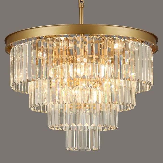 Crystal Chandeliers for Dining Room Lights Fixture Over Table, 15 Lights Gold Modern Chandeliers for Living Room, 4-Tier Round Crystal Lighting Fixtures for Bedroom Entryway Kitchen Island D24 Inch