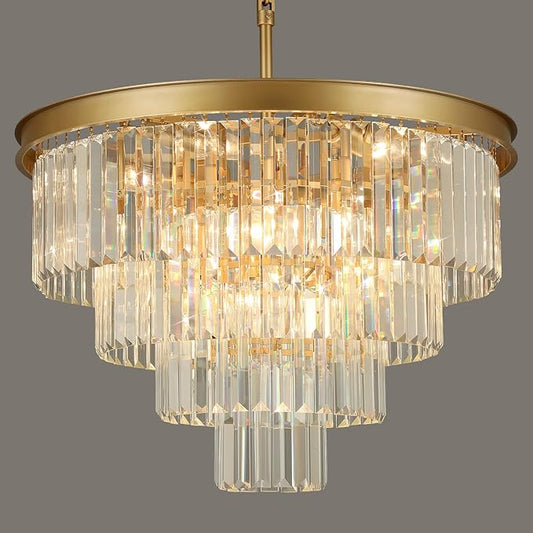 Crystal Chandeliers for Dining Room Lights Fixture Over Table, 15 Lights Gold Modern Chandeliers for Living Room, 4-Tier Round Crystal Lighting Fixtures for Bedroom Entryway Kitchen Island D24 Inch