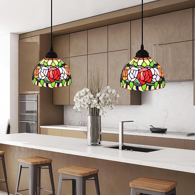 Hanging Lamp Tiffany 8 Inch Hanging Ceiling Light Vintage Farmhouse Small Stained Glass Pendant Lighting for Kitchen Island Dining Room