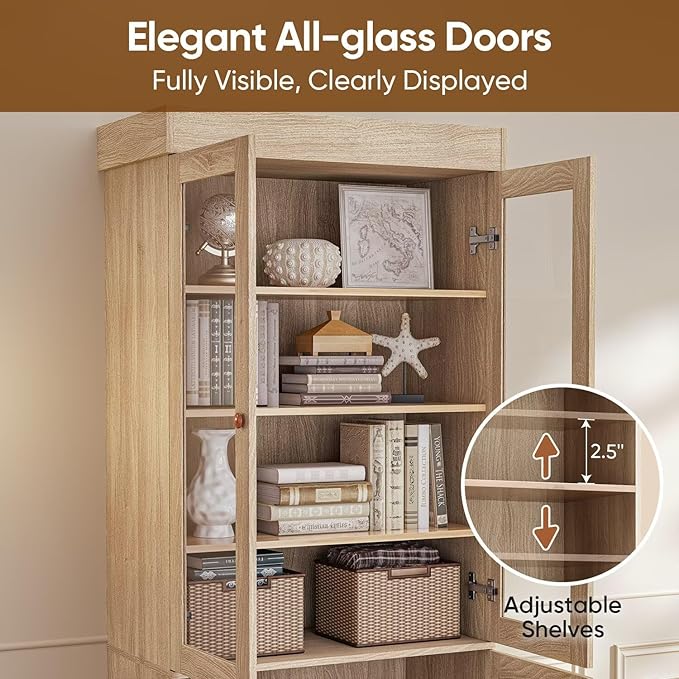 Vyre 71" Tall Farmhouse Bookshelves with Glass Doors and Drawers, Set of 2 – Large Modular Bookcase with Adjustable Shelves, Storage Cabinet for Living Room, Kitchen, Brown