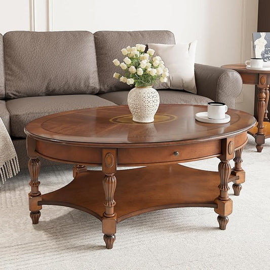 Solid Wood Coffee Table with Drawer and Storage Shelf, Oval Living Room Cocktail Tea Table, Traditional Center Table with Carvings Side Elegant Vintage 45”L x 27.6”Wx18.2”H Caramel Brown KFZ-1533-MG