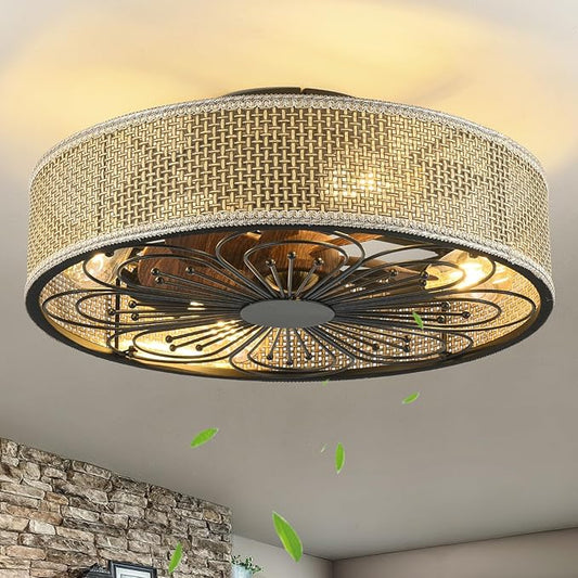 Modern Boho Rattan Flush Mount Ceiling Fans with Lights and Remote Control Low Profile Bladeless Ceiling Fan Timer and 6-Speed Reversible Motor for Bedroom, Kitchen, Dining Room Include Bulbs