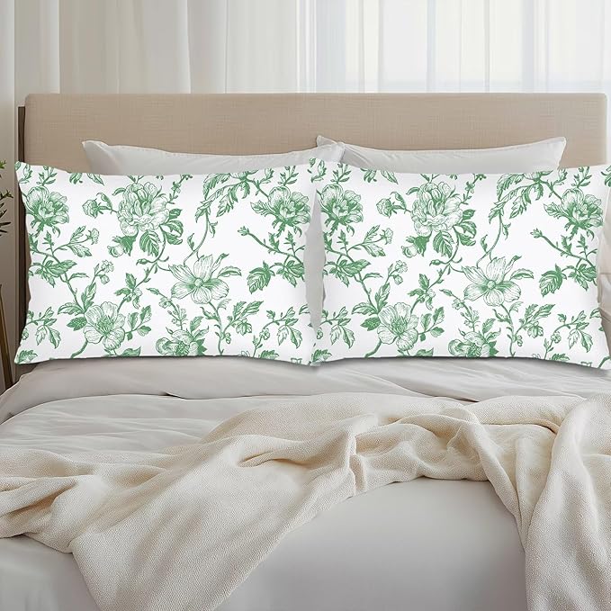 Green and White Porcelain Floral Pillow Cover Queen Size Set of 2 Vintage Flowers Lumbar Pillow Case Standard Pillowcase with Zipper Chinoiserie Decorative Pillows Covers for Bedroom,Couch,20"x30"