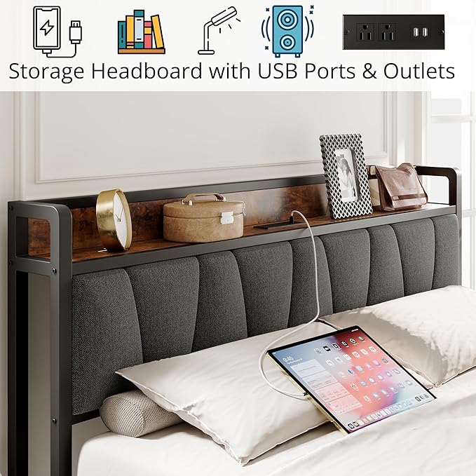 LIKIMIO Full Bed Frame, Storage Headboard with Charging Station, Solid and Stable, Noise Free, No Box Spring Needed, Easy Assembly