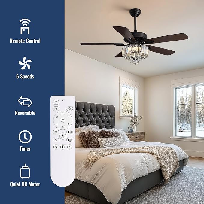 52-inch Crystal Ceiling Fan with Lights,Modern LED Fandelier with Remote Control,6-Speeds,Low Profile Flush Mount Chandelier for Living Room,Dining Room,Bedroom,Foyer