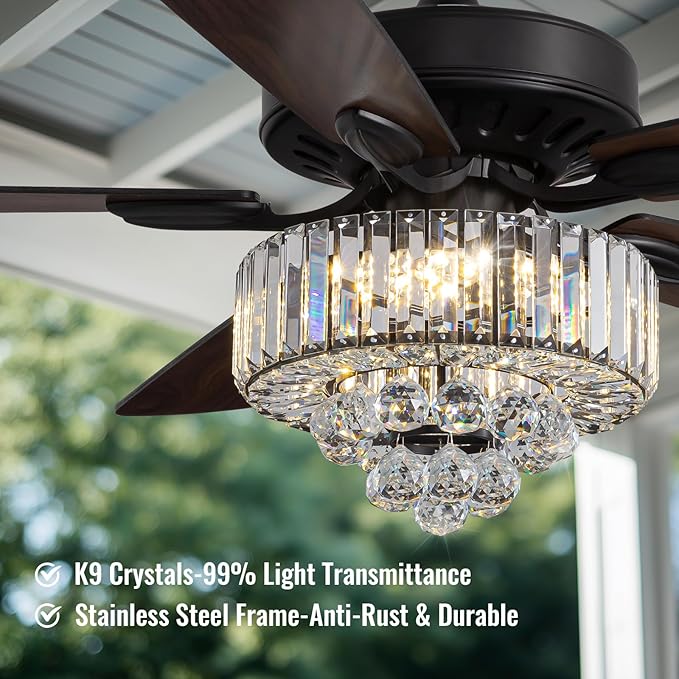 52-inch Crystal Ceiling Fan with Lights,Modern LED Fandelier with Remote Control,6-Speeds,Low Profile Flush Mount Chandelier for Living Room,Dining Room,Bedroom,Foyer