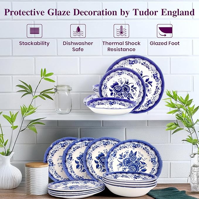 Tudor Royal 12-Piece Porcelain Round Dinnerware Set, Service for 4, Victoria Blue Design, Blue Floral, Plates Bowls Dishes, Glossy, Premium Quality Tableware, Unique Pattern