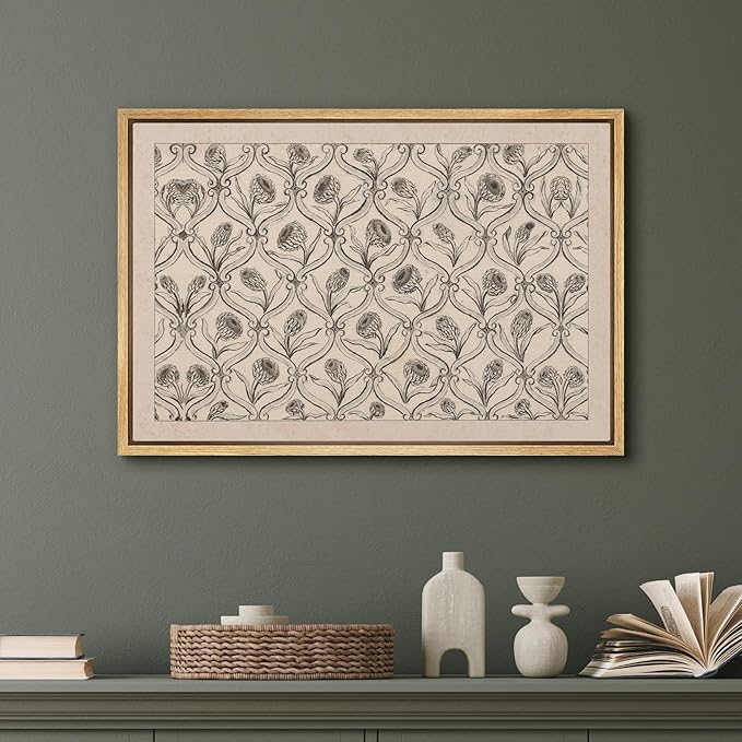 SIGNFORD Framed Canvas Print Wall Art Set Antique Botanical Motif Drawing Elegant Repeating Floral Illustrations Modern Art Country Landscape for Living Room, Bedroom, Office - 16"x24" Natural