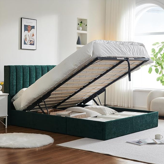 YUHUASHI Queen Size Hydraulic Storage Bed, Upholstered Platform Bed Frame, Modern Wingback Design Headboard, Velvet Fabric with Hydraulic Support Bars, No Box Spring Required (Ink Green, Full)