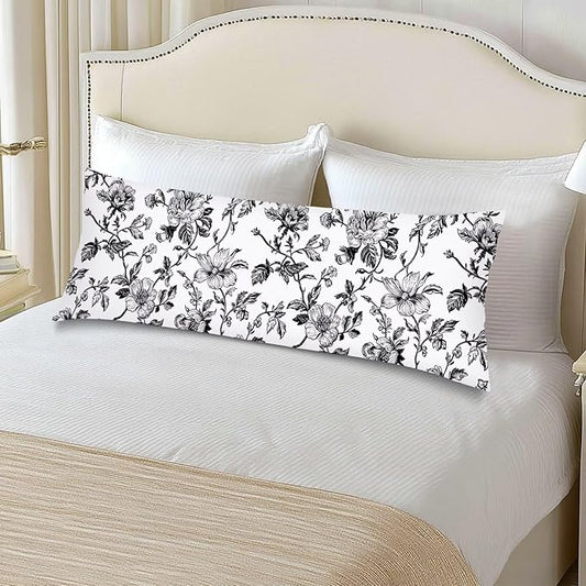 Black and White Porcelain Floral Body Pillow Cover Vintage Flowers Long Pillow Case with Zipper,Florals Lumbar Pillows Cases,Chinoiserie Decorative Soft Bed Cushion Covers for Bedroom,Sofa,"20x54"