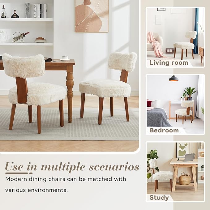 FOXHUNTER Upholstered Dining Chairs Set of 4, Modern Wooden Armless Kitchen Chairs with Curved Backrest, Mid-Century Farmhouse Dining Side Chairs, Fur Beige