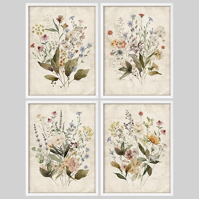 SIGNWIN Framed Set Vintage Wildflower Bouquet Antique Botanical Illustrations Modern Art Decorative Scenic Multicolor Nature Wilderness for Bedroom - 12"x16"x4 White