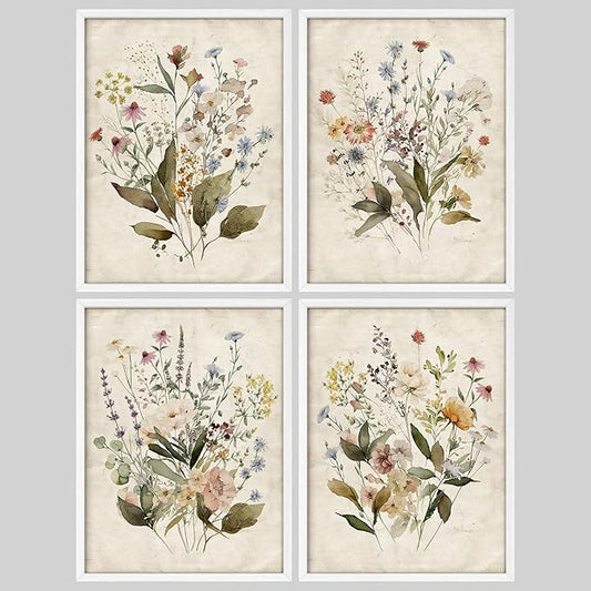 SIGNWIN Framed Set Vintage Wildflower Bouquet Antique Botanical Illustrations Modern Art Decorative Scenic Multicolor Nature Wilderness for Bedroom - 12"x16"x4 White
