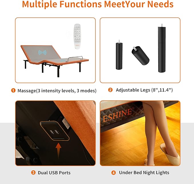 ESHINE 12" Hybrid Mattress King(Medium) + Adjustable Bed Frame - Luxury Gel Memory Foam, Upholstered Bed Base with Massage, Wireless Remote, USB, Under Bed Night Light, Head and Foot Incline